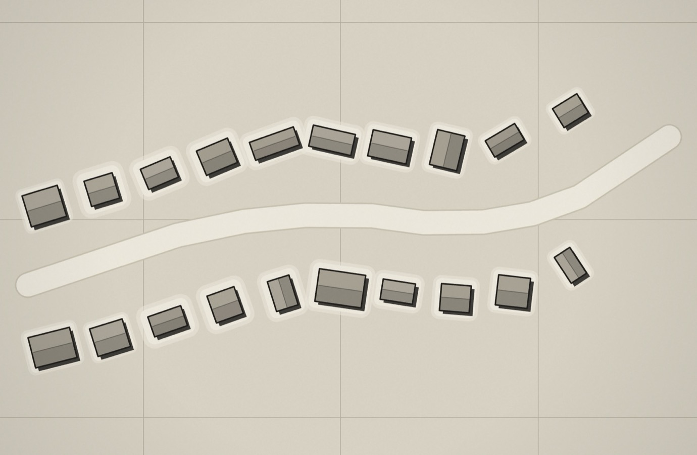 Zwanzig einzeln gesetzte Häuser stehen beidseits der Straße. Sie folgen ihrem Schwung, sind aber unterschiedlich groß und leicht verschieden gedreht.