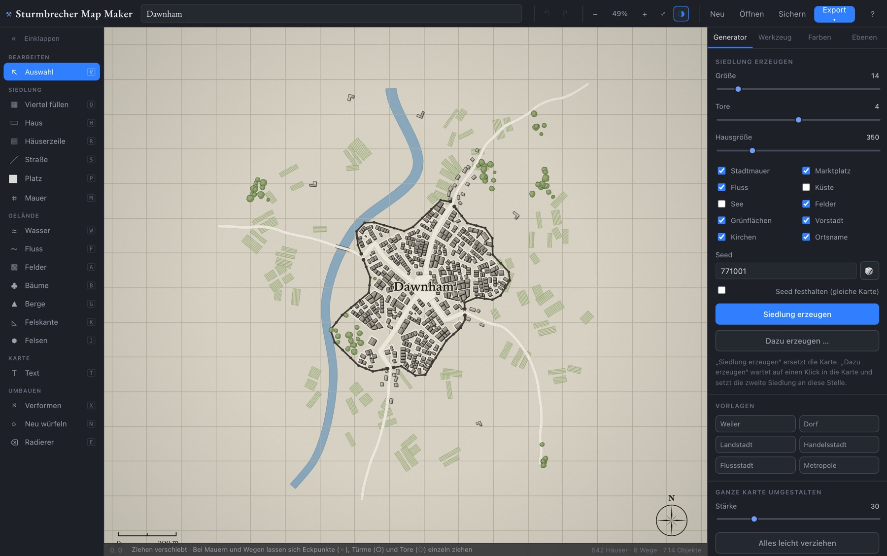 Die Oberfläche des Sturmbrecher Map Makers zeigt links die Werkzeugleiste, in der Mitte die Karte einer Stadt und rechts das Seitenpanel mit den Generator-Einstellungen.