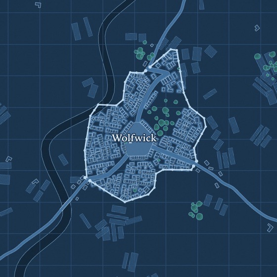 Stadtkarte in Weiß auf Blau wie eine technische Blaupause.