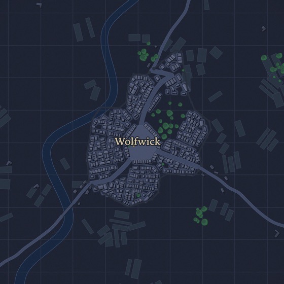 Stadtkarte in hellen Linien auf dunklem Grund.