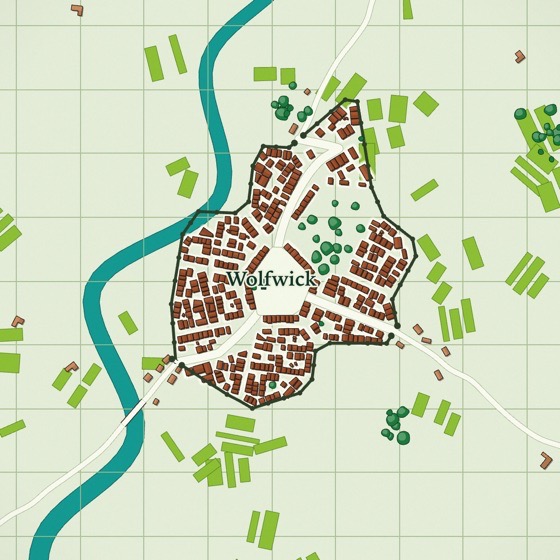 Stadtkarte in Grüntönen mit türkisem Wasser.