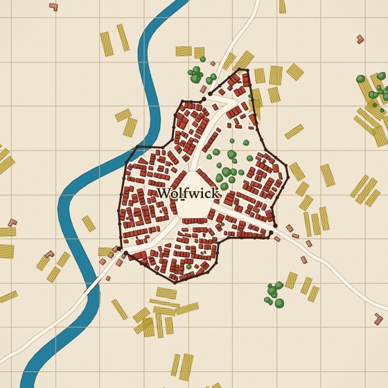 Stadtkarte in kräftigem Rot mit schwarzer Zeichnung.