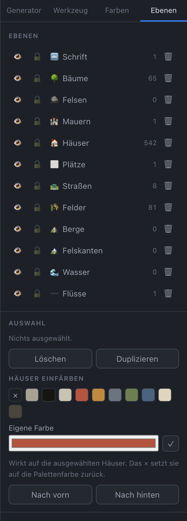 Der Reiter Ebenen listet dreizehn Ebenen mit Auge, Schloss, Namen und Anzahl. Darunter steht der Bereich Auswahl.