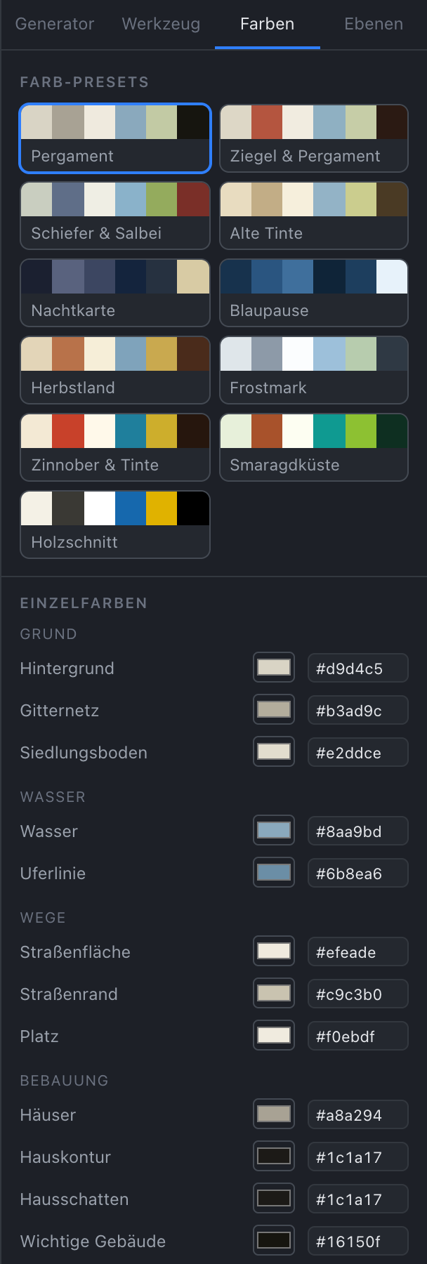 Der Reiter Farben mit elf Farb-Presets als Kacheln und darunter der Liste der Einzelfarben.