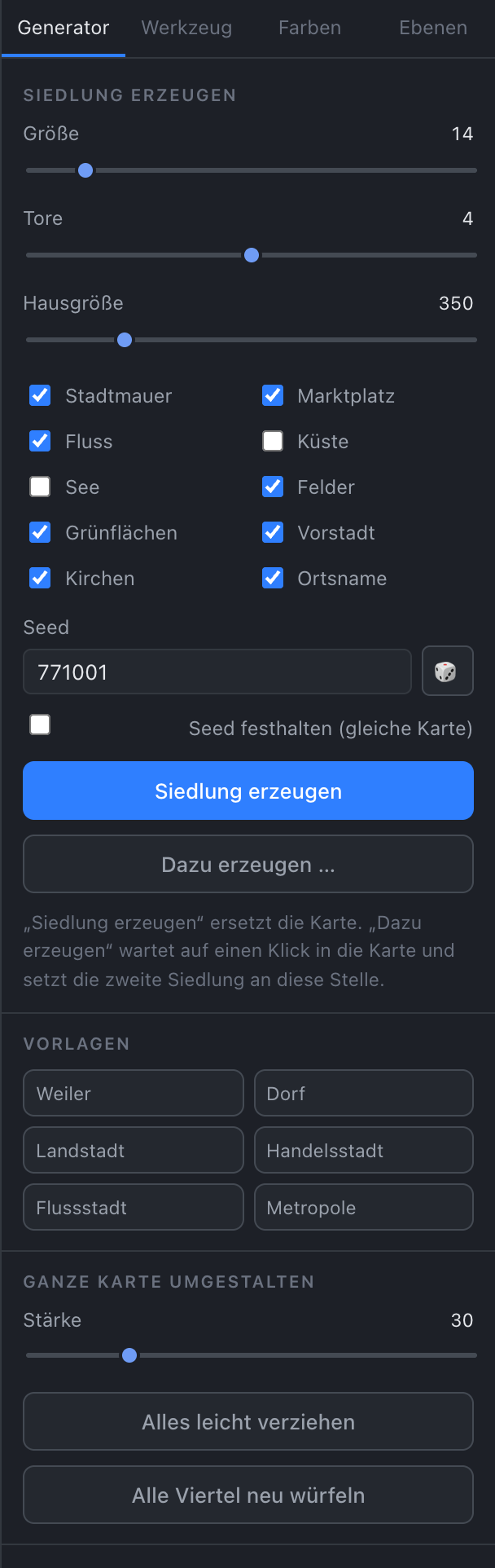 Der Reiter Generator mit den Reglern für Größe, Tore und Hausgröße, zehn Schaltern, dem Seed-Feld und den Vorlagen.