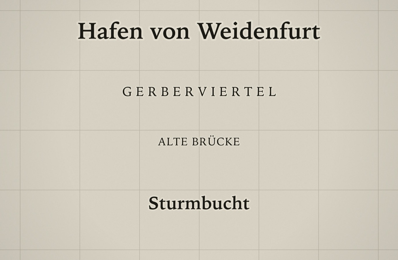 Vier Beschriftungen untereinander: ein großer Ortsname, ein gesperrter Viertelname, ein kleiner Ortsname und ein gebogener Schriftzug.