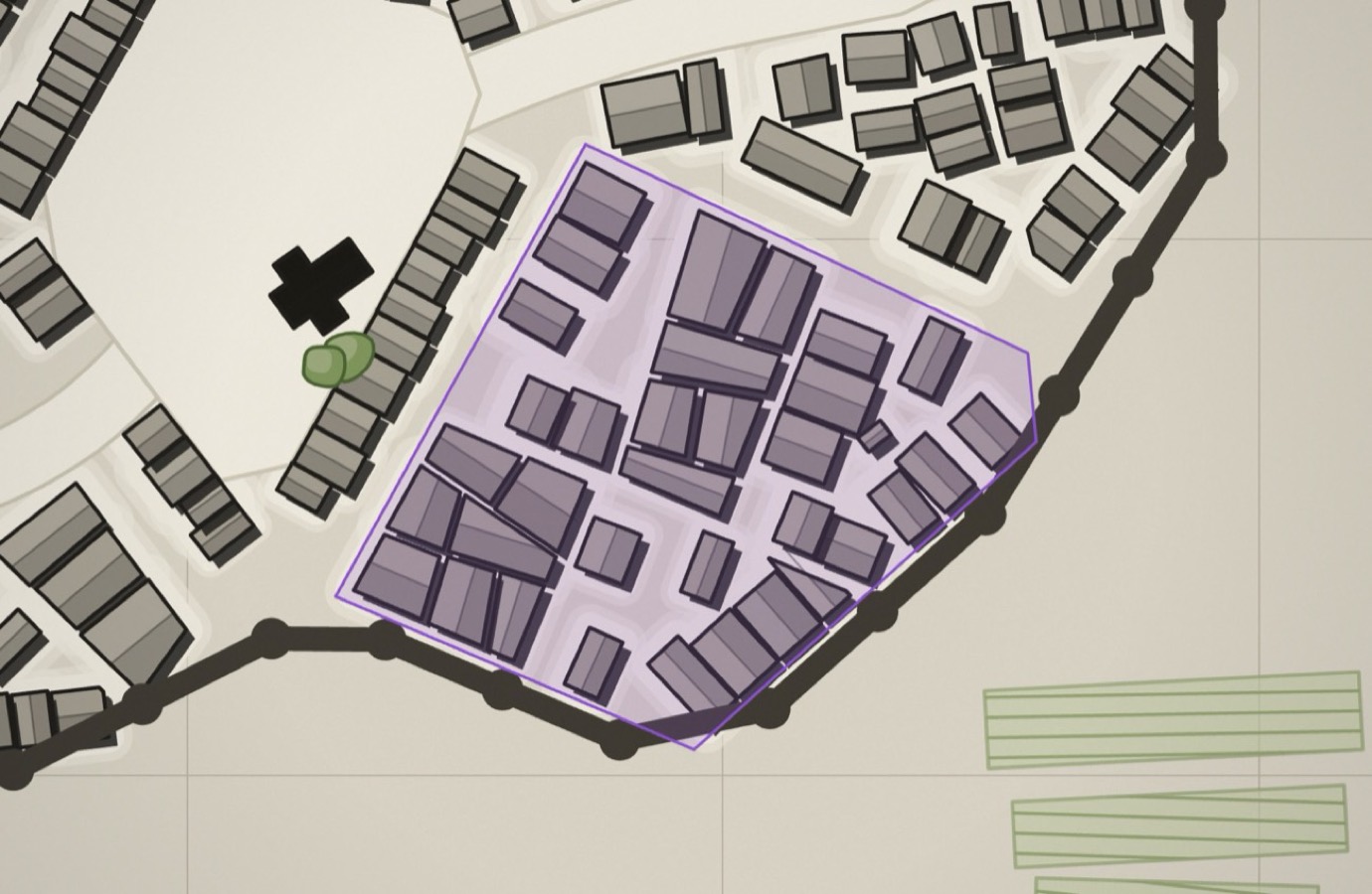 Eine kleine Stadt mit Stadtmauer. Ein Viertel am Mauerrand ist violett hervorgehoben und dicht mit Häusern bebaut.