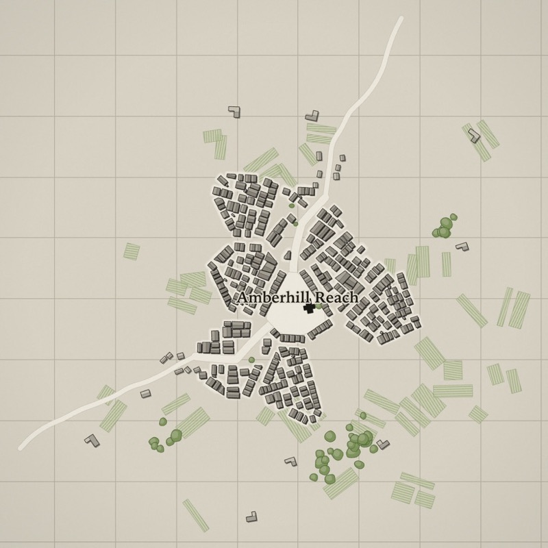 Karte eines Dorfes mit Marktplatz, Kirche und umliegenden Feldern.