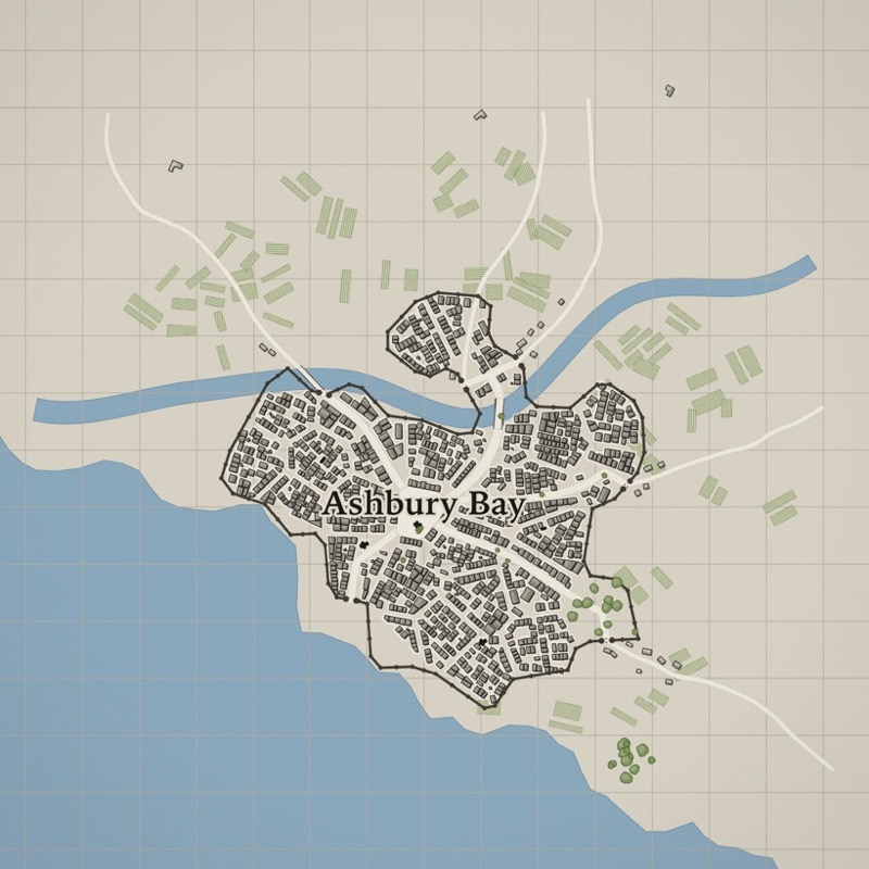 Karte einer großen Metropole mit Meer, Fluss, langer Stadtmauer und vielen Vierteln.
