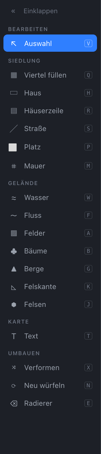 Die Werkzeugleiste mit den Gruppen Bearbeiten, Siedlung, Gelände, Karte und Umbauen.