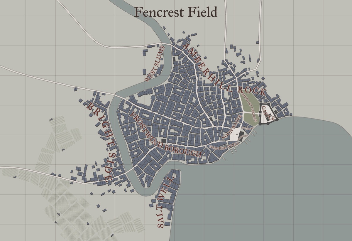 Die Fantasy-Karte aus dem Sturmbrecher Map Maker zeigt eine Hafenstadt mit Fluss, beschrifteten Vierteln und einer Burg.